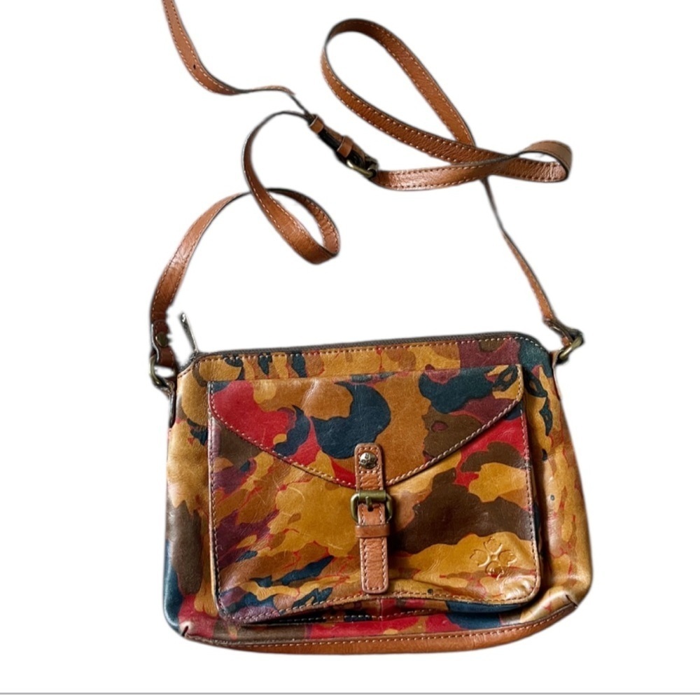 Patricia Nash Avellino Camo Italian Leather Crossbody Bag Brown Blue Tan